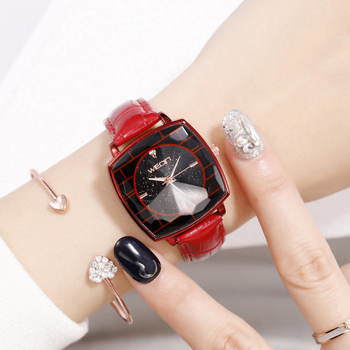 Square Ladies Wrist Watches Starry Sky Female Clock Leather