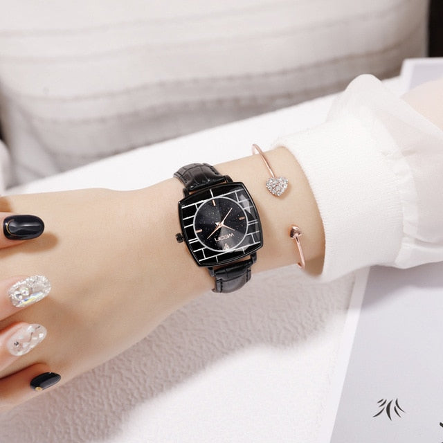 Square Ladies Wrist Watches Starry Sky Female Clock Leather